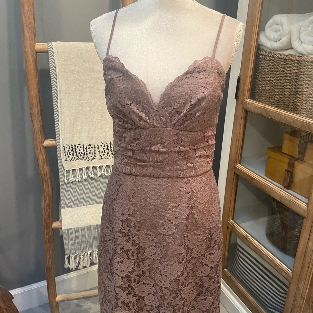Amsale Lace Spaghetti Strap Maxi Dress in Brown